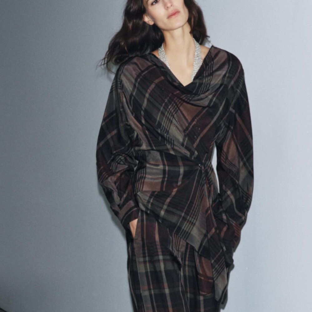 Zara ZW COLLECTION PLAID DRAPED TOP NWT